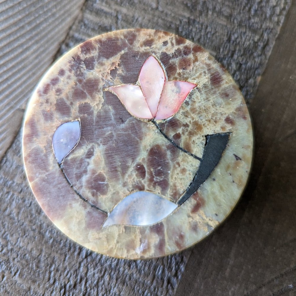 Vintage Marble and Pearl Shell Round Trinket Box with Lid, Made in India